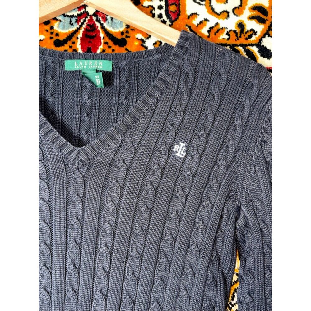 Lauren Ralph Lauren Preppy Minimalist Black Cable Knit Sweater 100% Cotton sz XS - Picture 4 of 9